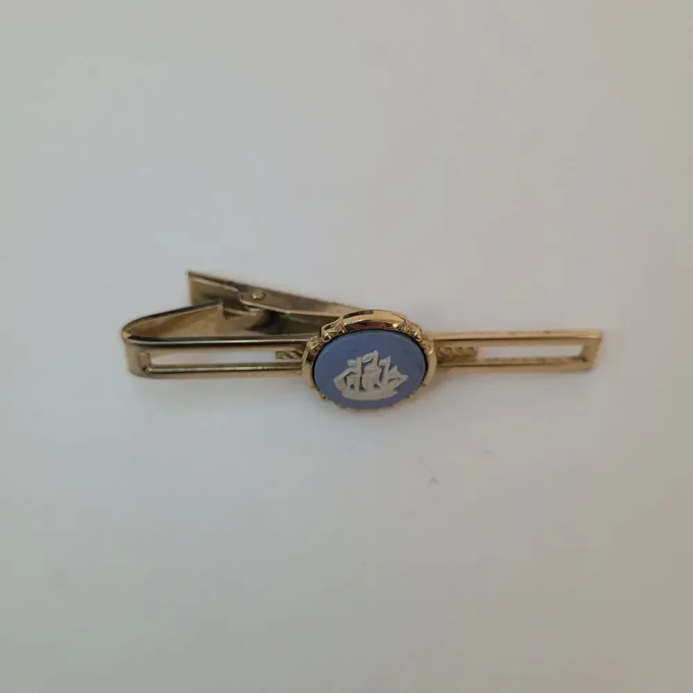 Wedgwood Gold Blue Tone Tie Bar Clip Jasperwear Ship Cameo‎ Vintage Retro Clasp